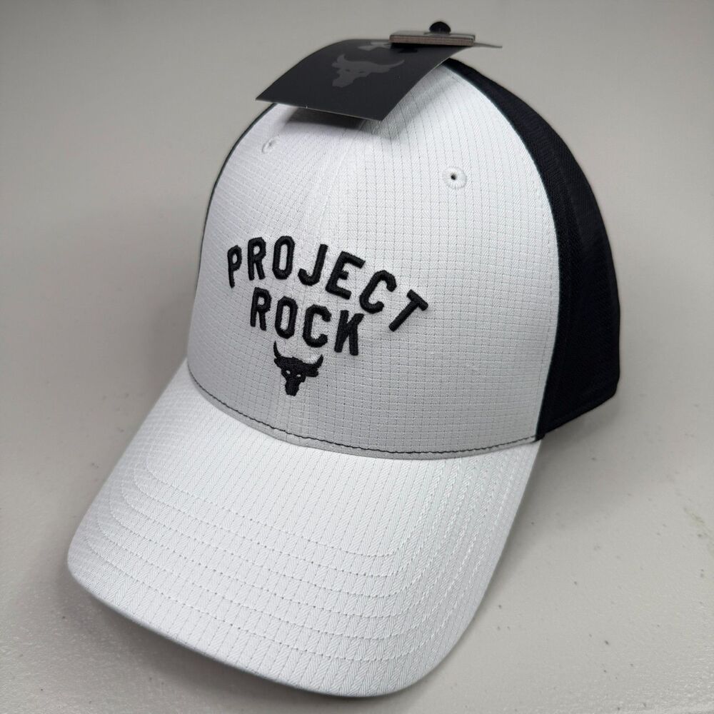 Under Armour Project Rock Trucker Hat White Black Snapback Cap 1369815 Mens NWT